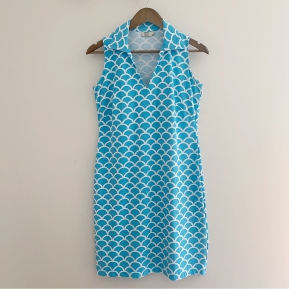 Katherine Way Scallop Print Dress Small Collared Sleeveless Aqua White - Picture 6 of 6